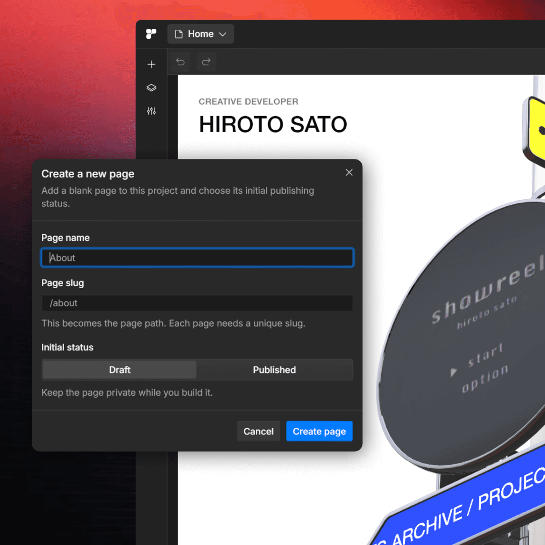 Rythoo editor showing the dialog for creating a new website page